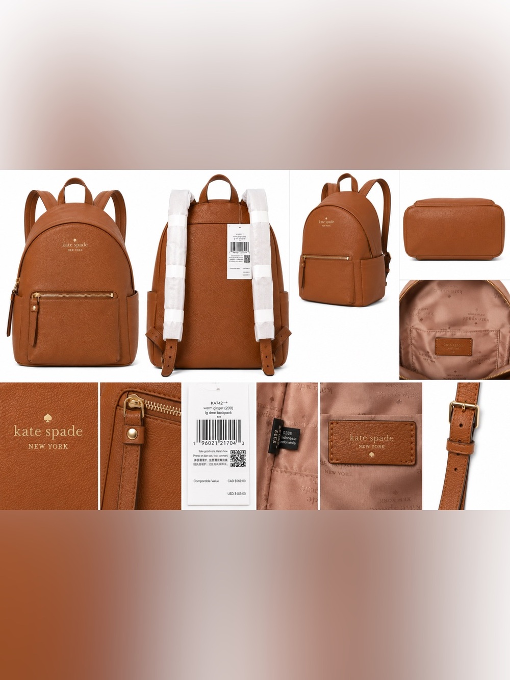 Kate Spade Leila Large Dome Backpack Warm Ginger Pebbled Leather NWT $459 - Picture 3 of 4